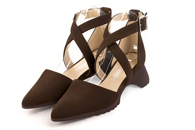 Dark brown women's open side shoes, with crossed straps.. Front view - Florence KOOIJMAN